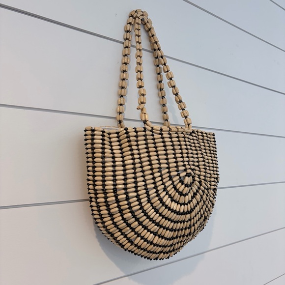 Rachel Ashwell Wooden Beaded Half Moon Tote Boho Coastal Bag Summer Neutral - Picture 2 of 8
